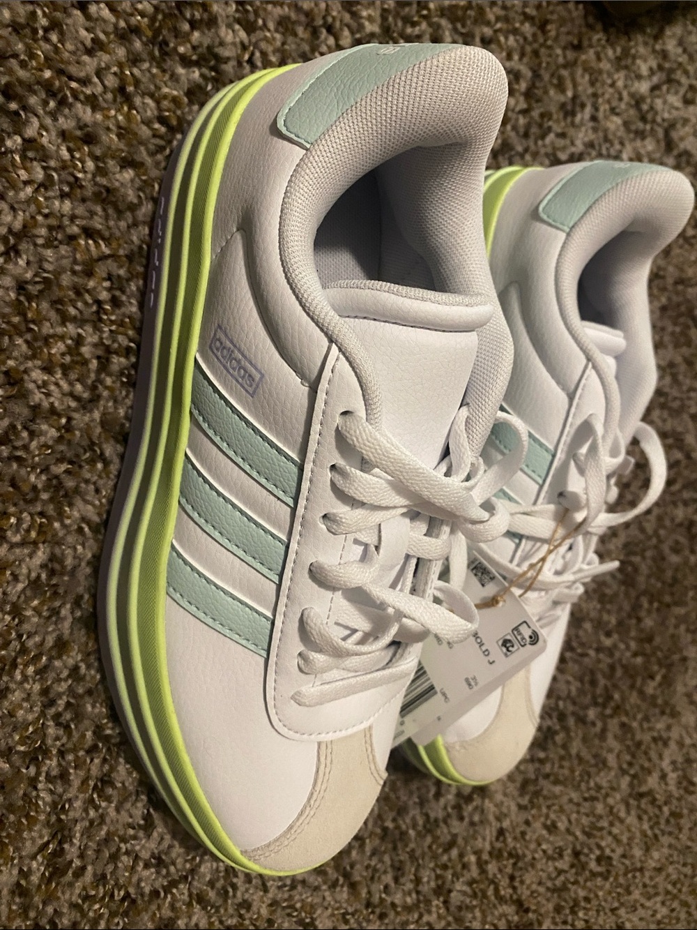 adidas White Sneakers with Mint Stripes and Neon Yellow Trim - Picture 1 of 4